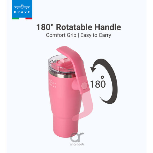 Brave Temp Guard Vacuum Insulated Travel Mug – 180° Rotating Handle, 24H Cold & 12H Hot Retention, Leak-Proof Lids, 950ml – ROSE RED-BT-04RR